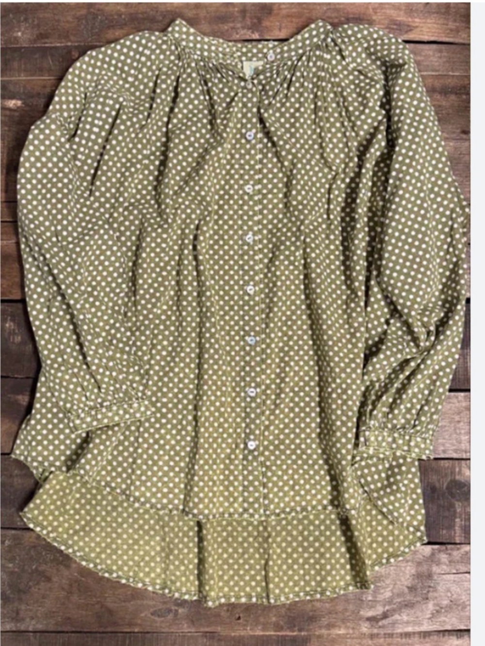 Jaded Gypsy oversized olive green white polka-dots  versatile. Boho Raw Hems OS